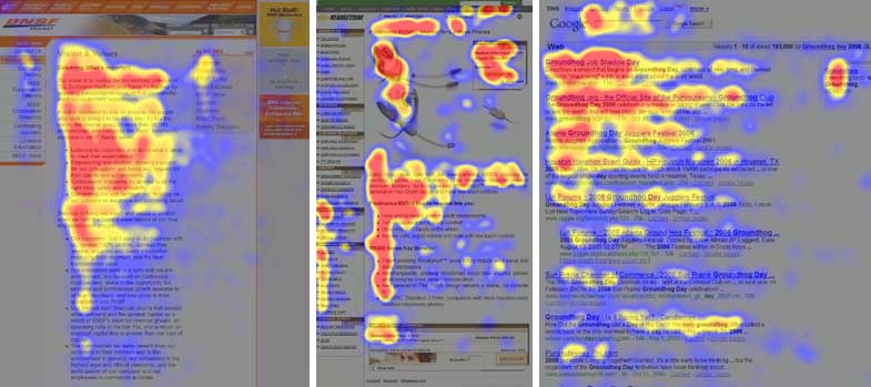 Three screenshots from Nielsen Norman Group's recent eyetracking study.