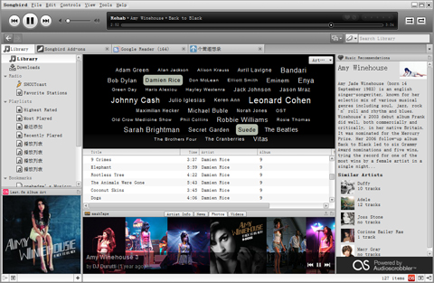 上为标签云视图，中下是来自Flickr的图片，右边为类似于iTunes Genius的相关歌手推荐。