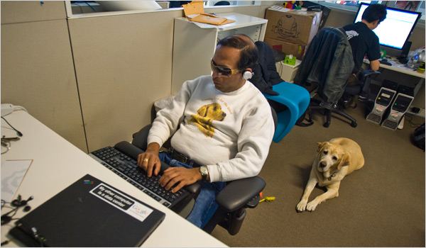T.V. Raman, the blind Google engineer, with his guidedog.